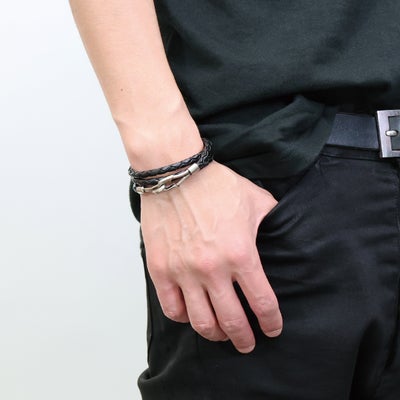 【ジャムホームメイド（JAMHOMEMADE）】編み込み レザー ブレスレット 3巻 -ブラック