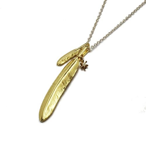 JNS397K18)ダブルフェザー&ダイヤモンドネックレス-K18イエロー