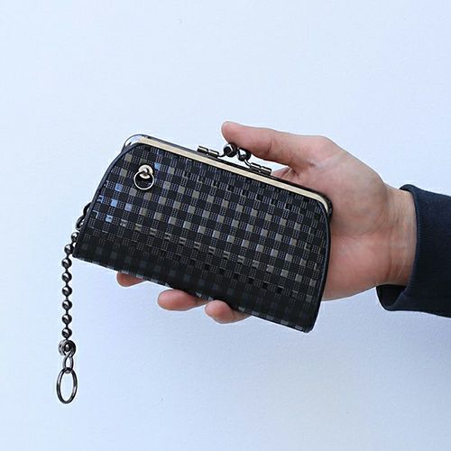 JIDWA52BK-BK)印傳-印伝屋二つ折り財布親子がま口財布チェック柄