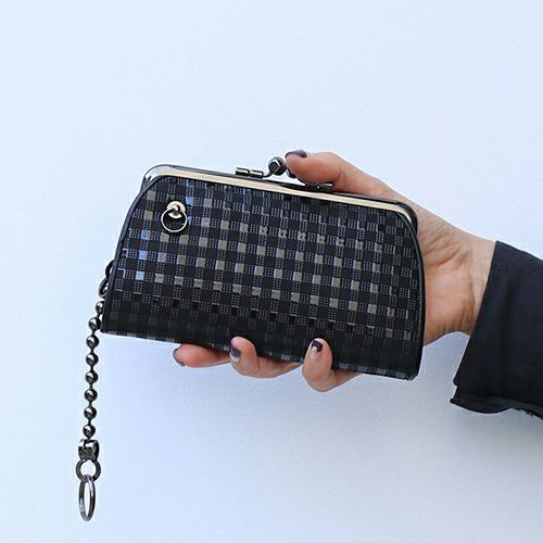 JIDWA52BK-BK)印傳-印伝屋二つ折り財布親子がま口財布チェック柄
